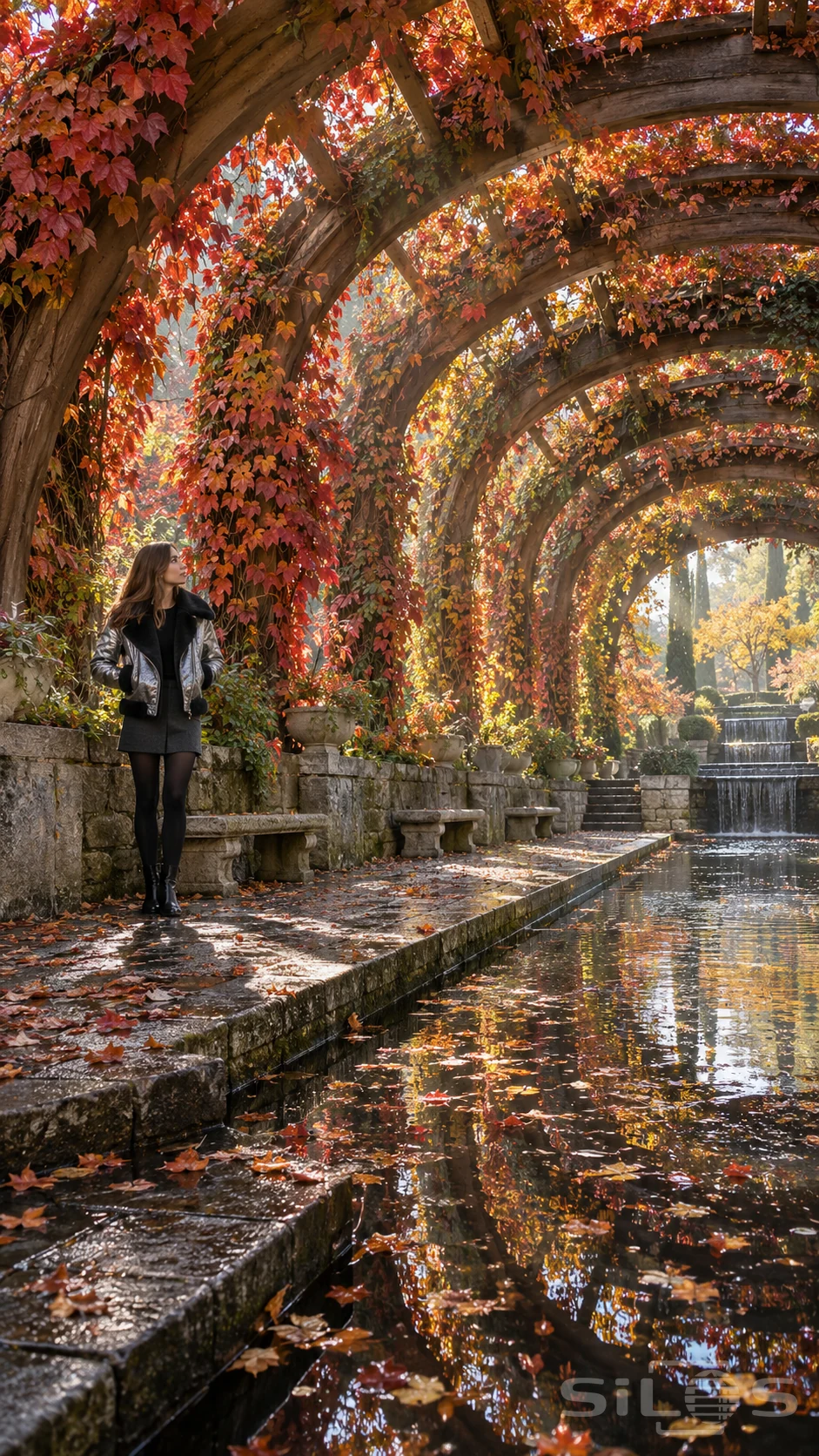 A woman in a silver aviator jacket and short charcoal skirt stands under leaf-covered timber arches beside a long reflecting channel.