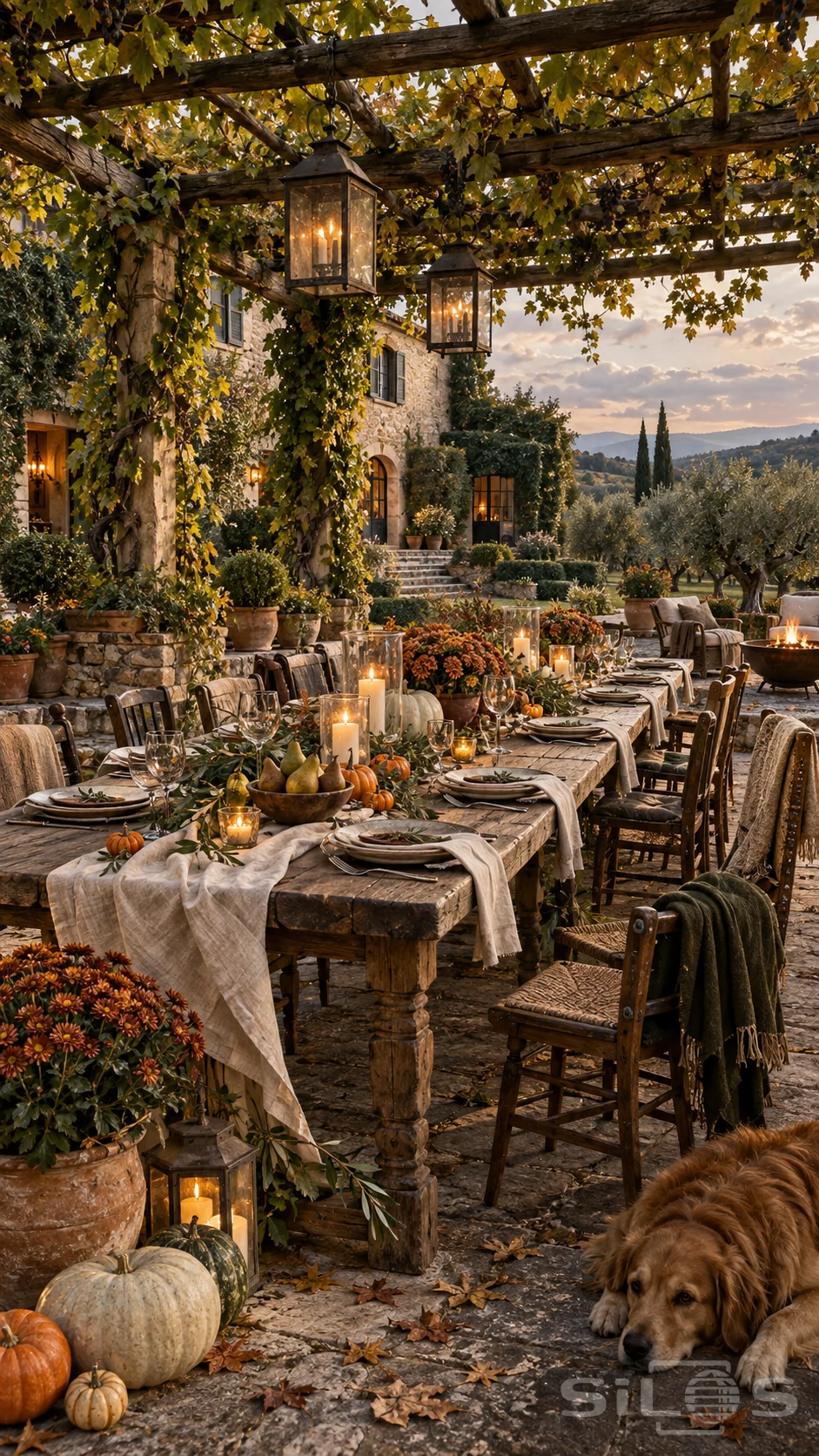 A harvest pergola table stretches beneath heavy timber beams and autumn vines.