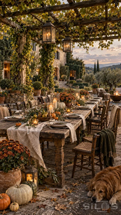 A harvest pergola table stretches beneath heavy timber beams and autumn vines.