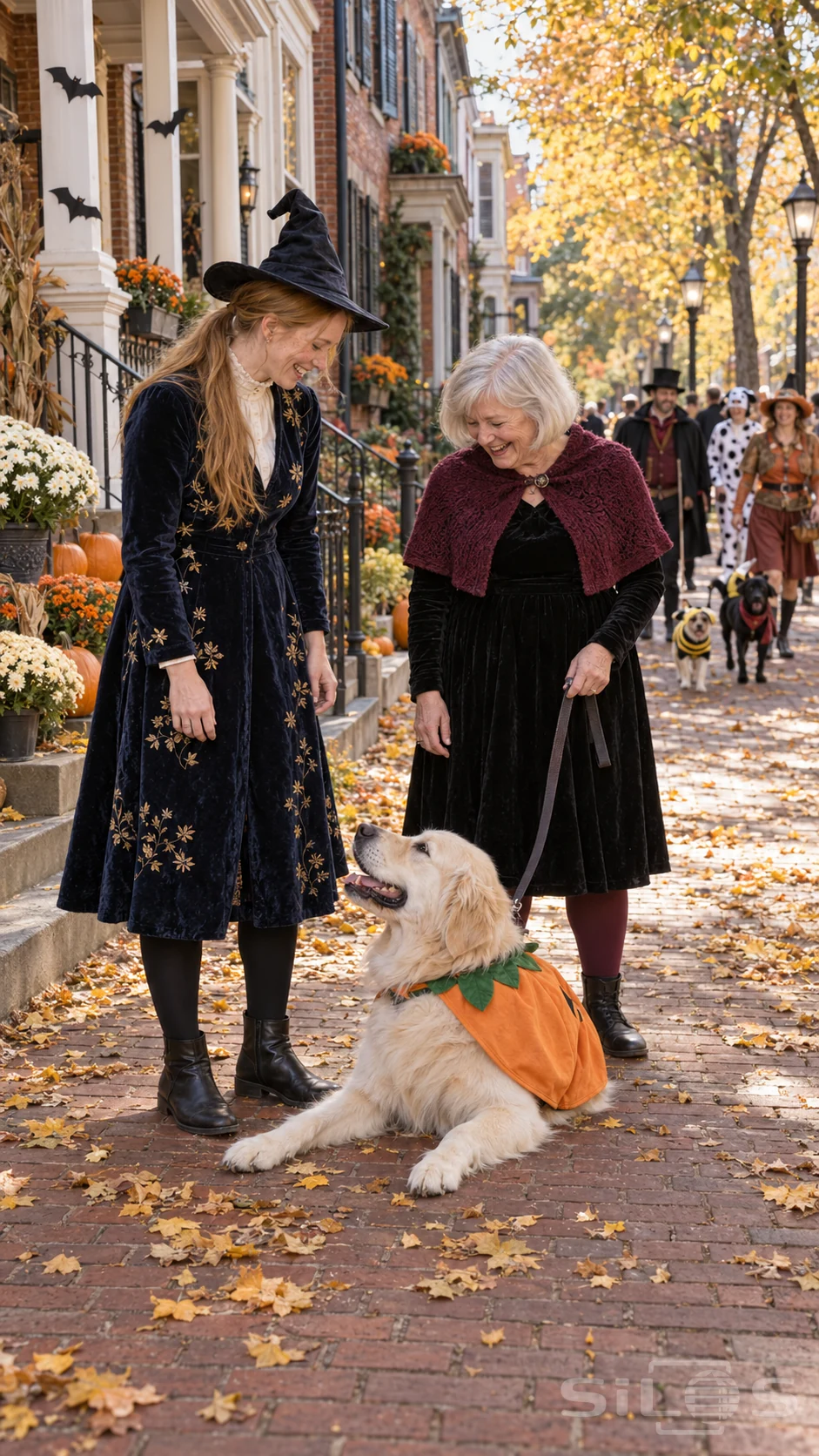 A pumpkin dog rests on a brick sidewalk while two costumed women laugh during a neighborhood Halloween parade.