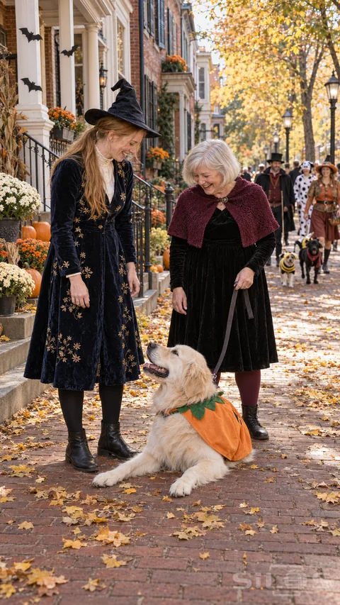 A pumpkin dog rests on a brick sidewalk while two costumed women laugh during a neighborhood Halloween parade.