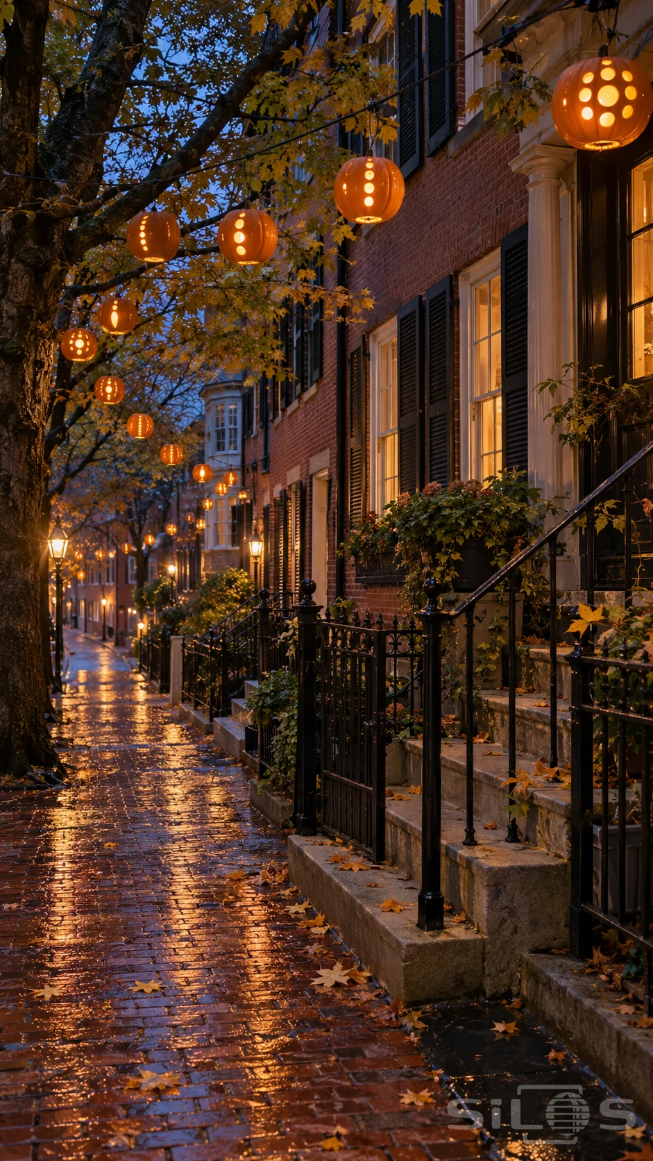 Hanging pumpkins glow over a wet brick lane between brownstone homes and iron railings at blue hour.