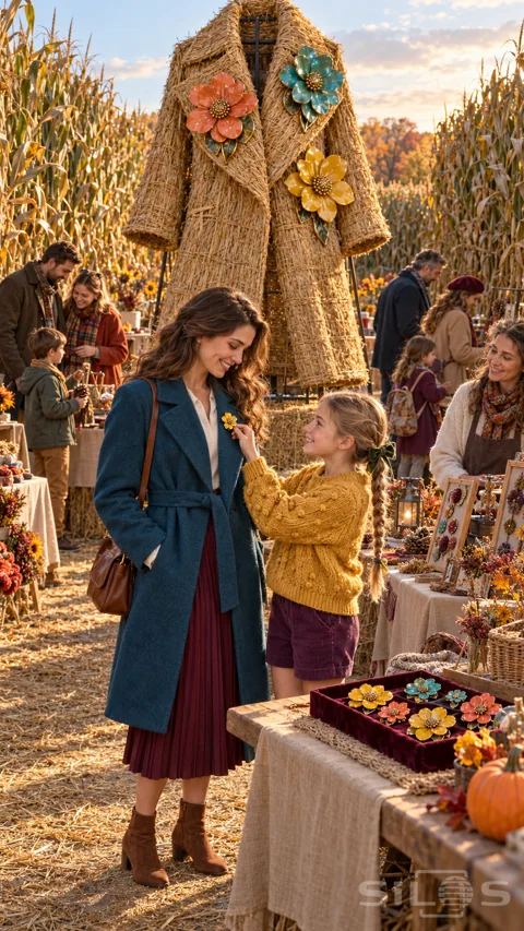 A girl chooses a flower brooch for her mother beside a towering straw coat at a corn-maze craft market.