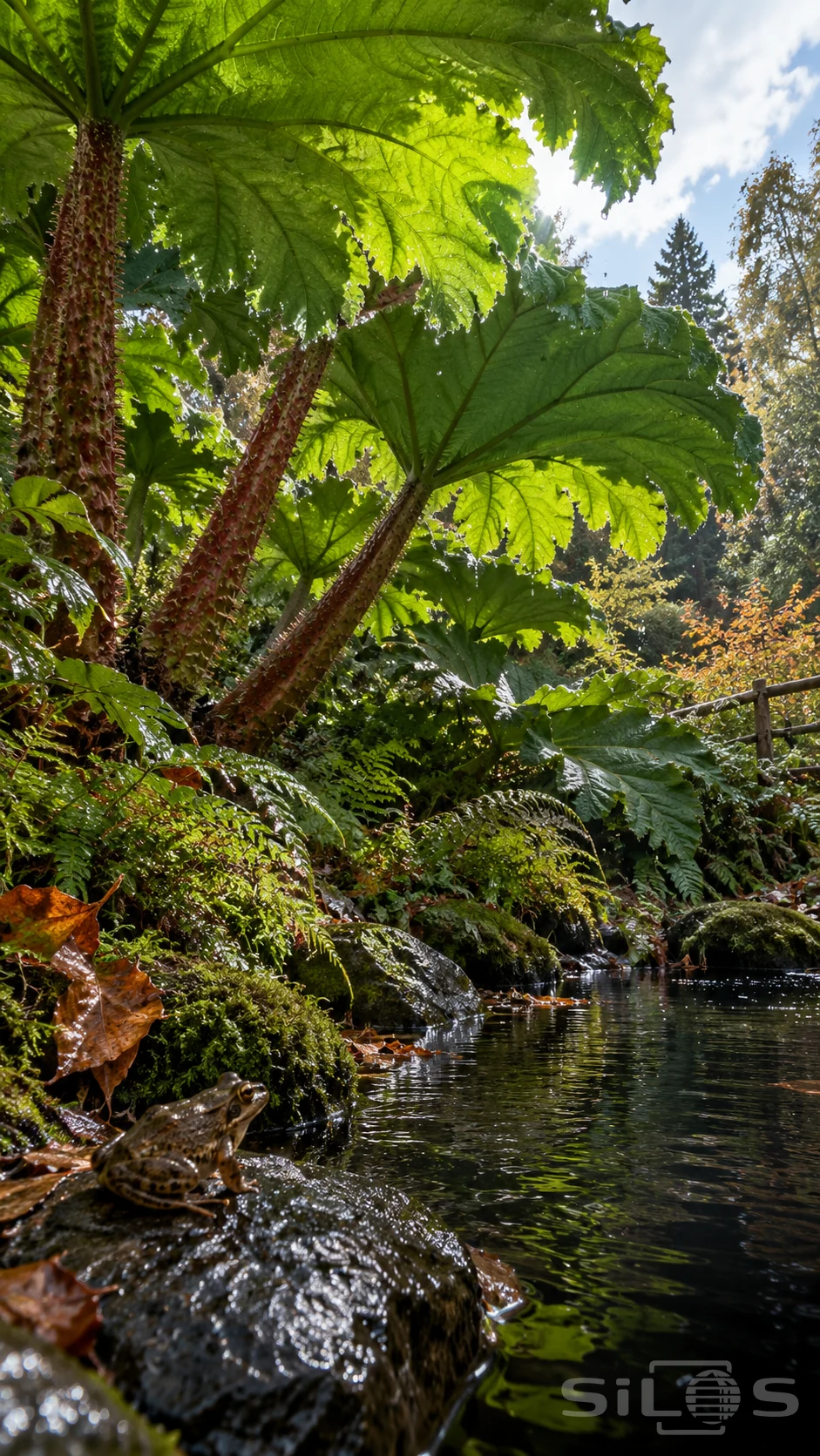 A small brown frog sits beside a pond beneath giant gunnera leaves with thick stalks and sunlit veins.