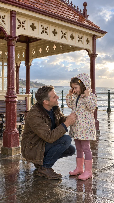 A father crouches to fasten his daughter’s floral raincoat beneath a seaside shelter beside a wet promenade.