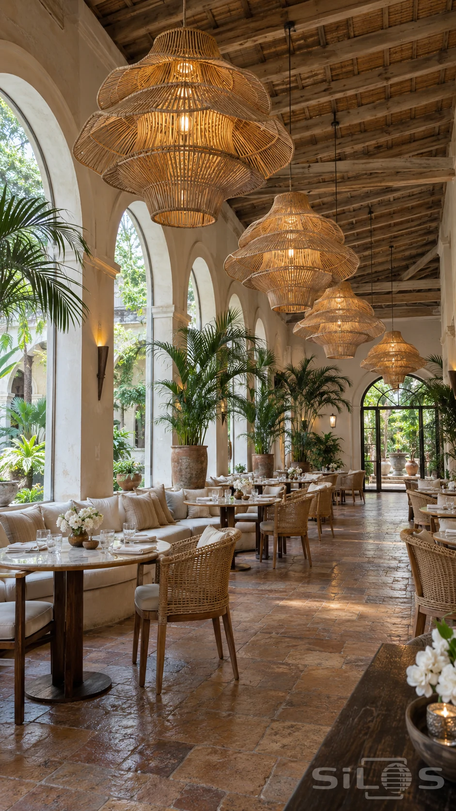 Large tiered rattan lanterns above marble tables and woven chairs in a tall restaurant with arched windows and palms