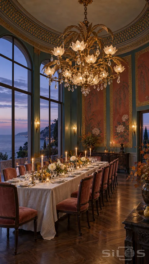 Coastal banquet hall at dusk with a glowing lotus chandelier; rose velvet chairs; candlelit table and painted botanical wall panels.