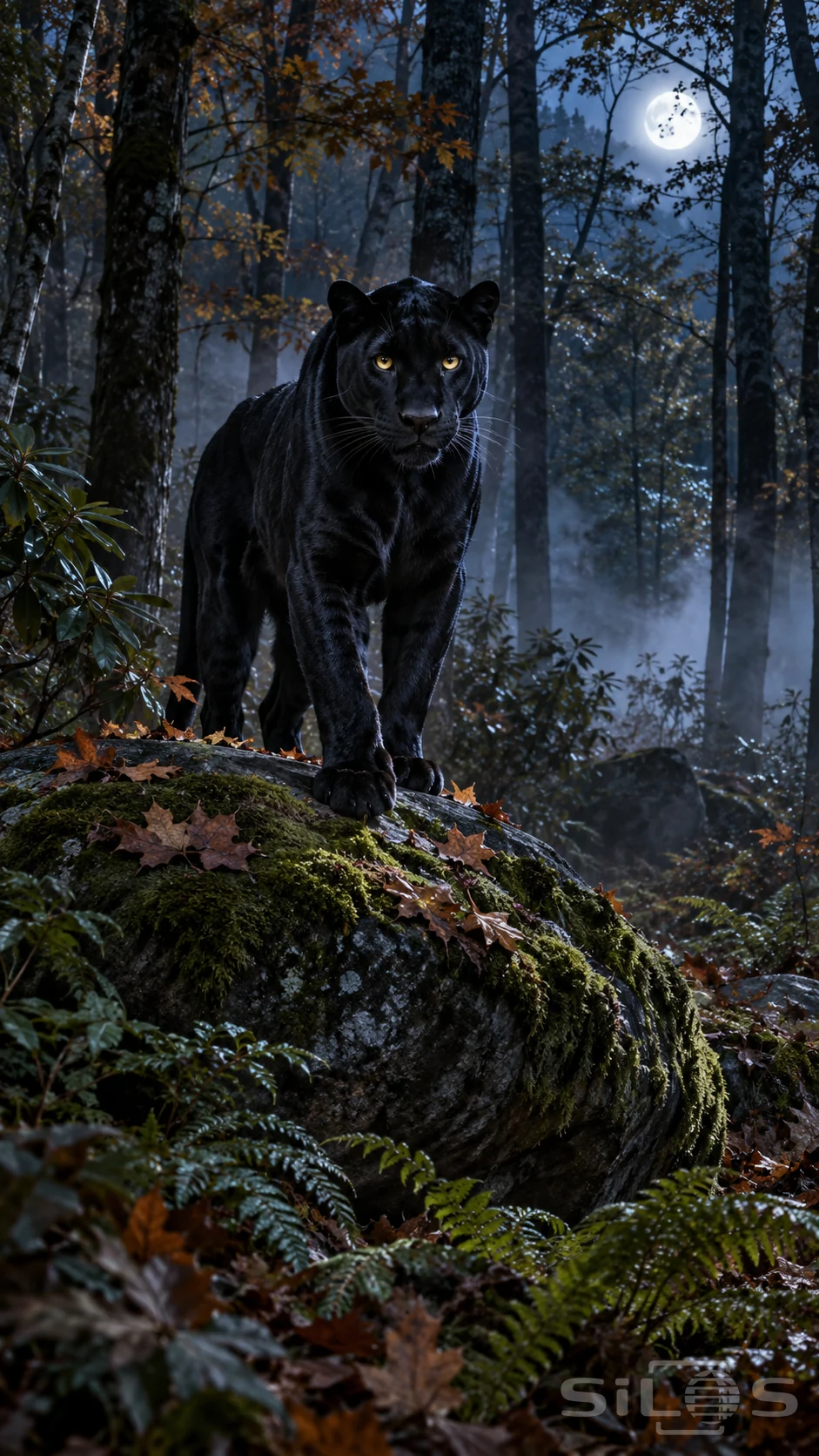 A black panther with golden eyes stands on a moss-covered boulder in a misty forest beneath the full moon.