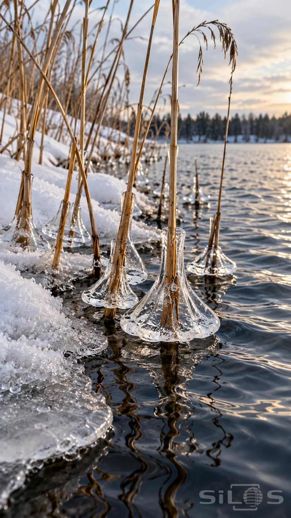 Clear ice bells surround golden reed stems above dark rippling water beside a snow-covered pond edge.