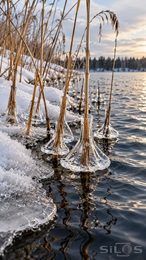 Clear ice bells surround golden reed stems above dark rippling water beside a snow-covered pond edge.