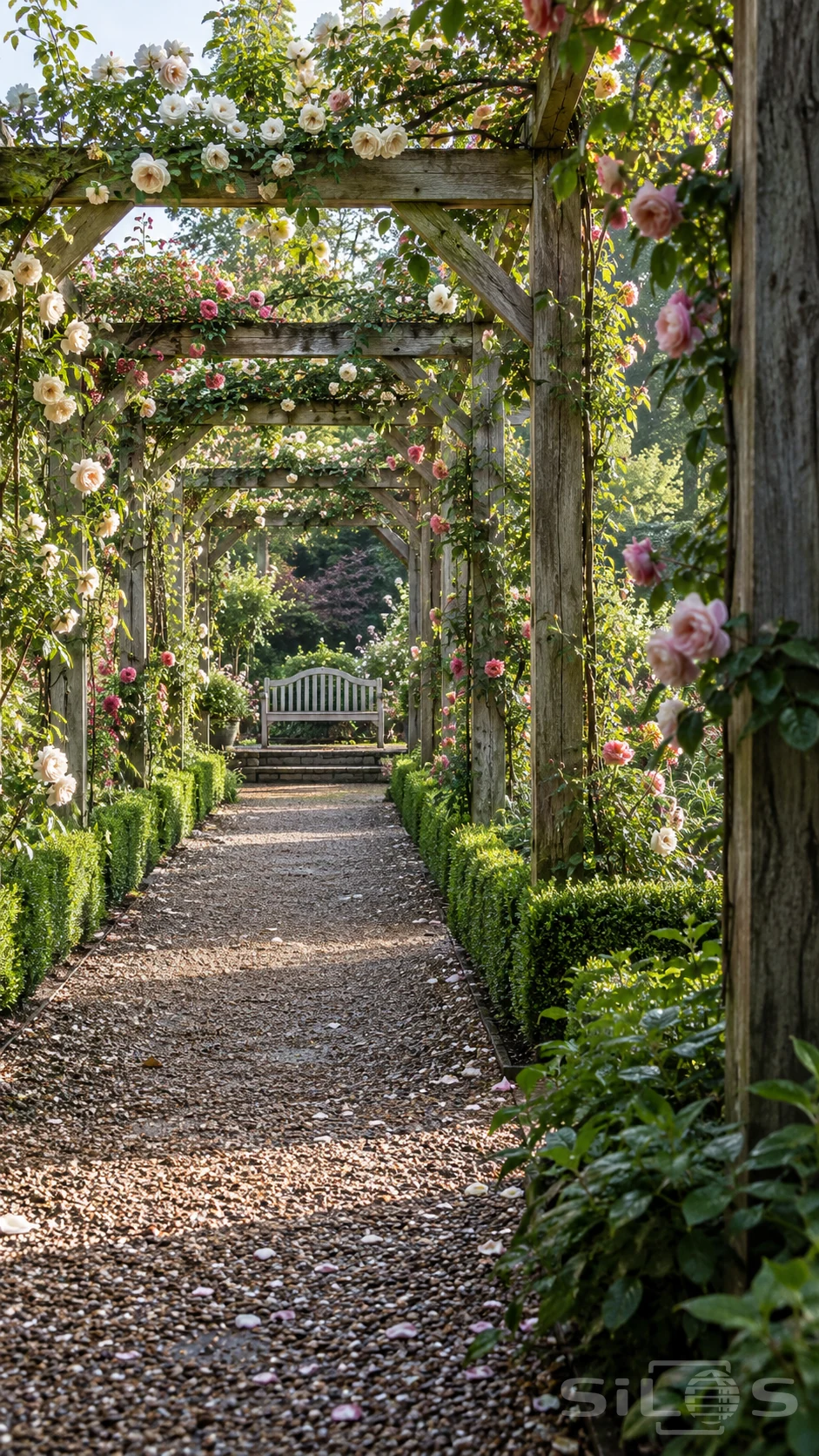 A gravel path leads beneath timber pergola frames covered in pink and ivory roses to a pale bench on shallow stone steps.