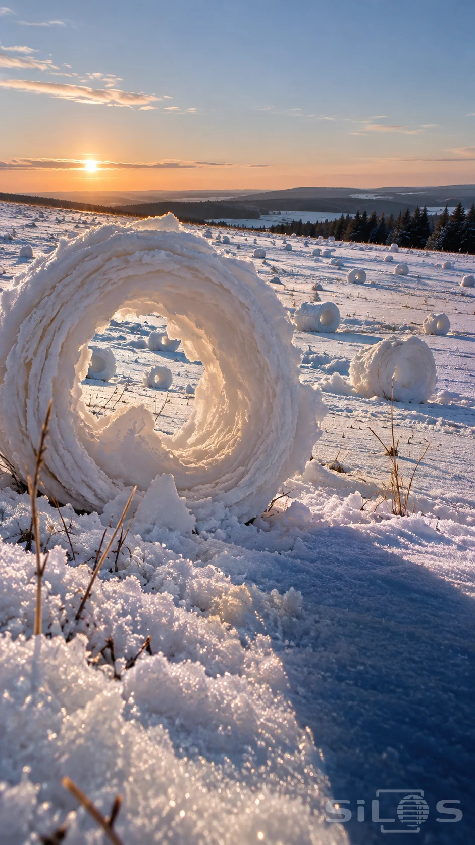 Hollow snow rollers lie across a gently sloping field beneath a pale sky and distant spruce trees.