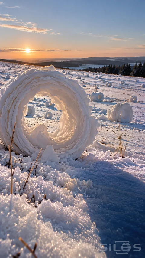Hollow snow rollers lie across a gently sloping field beneath a pale sky and distant spruce trees.