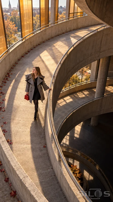 A woman wears a gray coat with dark origami folds above a black dress while walking on a curved concrete ramp.