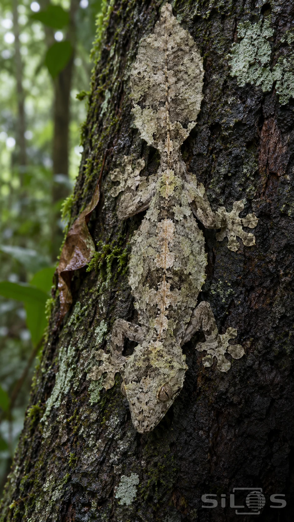 A leaf-tailed gecko clings head-down to mottled bark, with four splayed legs, rounded toe pads and a broad flat tail.