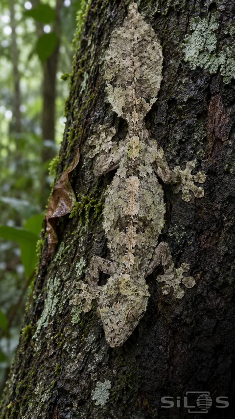A leaf-tailed gecko clings head-down to mottled bark; with four splayed legs; rounded toe pads and a broad flat tail.