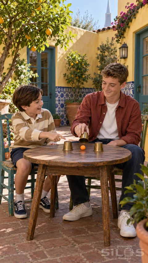 Two brothers smile during a courtyard shell game as the older boy lifts one of three brass cups to reveal an orange ball.