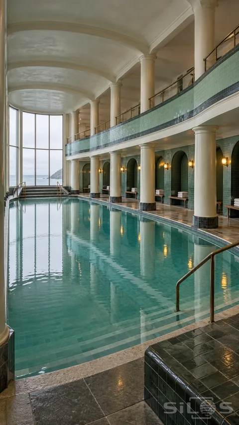 Empty indoor pool with jade tiles; ivory columns; an upper gallery; amber wall lamps and a tall window overlooking the sea.
