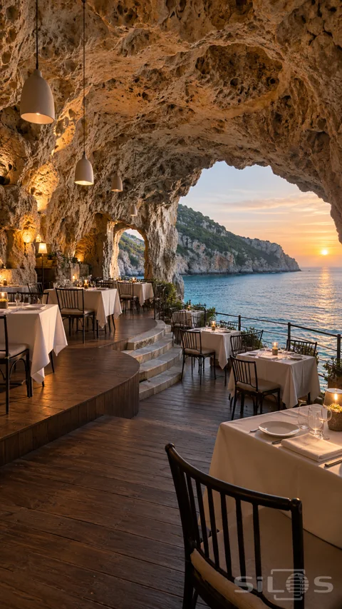 Empty cave restaurant with white tablecloths on curved timber terraces beneath a rough limestone roof overlooking the sea at sunset.