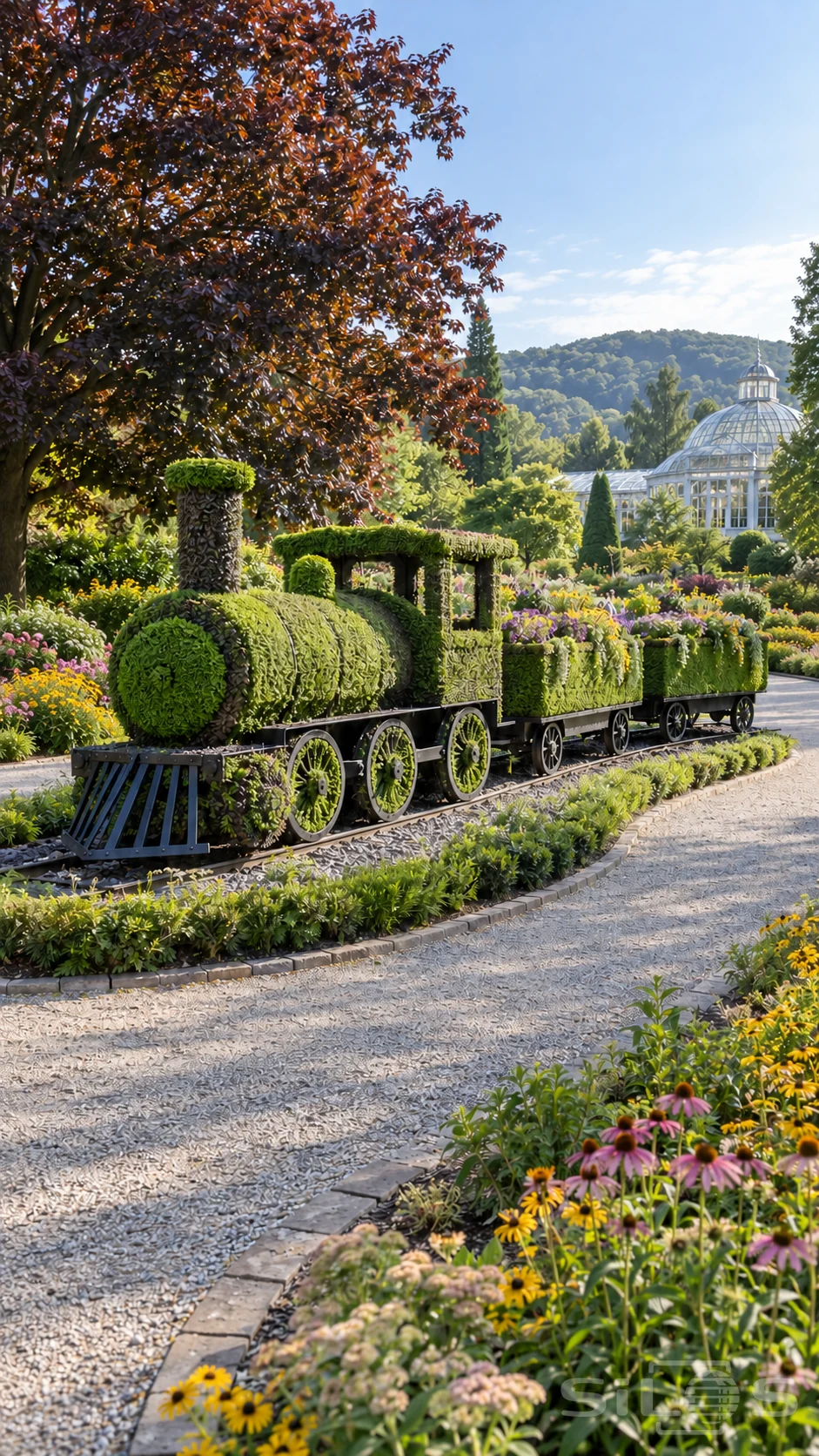 A topiary locomotive and planted carriages stand beside a botanical walk beneath a copper beech and near a glass conservatory.
