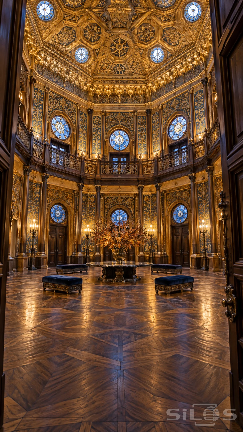 Tall octagonal hall with gold relief walls, blue circular windows, an upper balcony, patterned parquet and sapphire velvet benches.