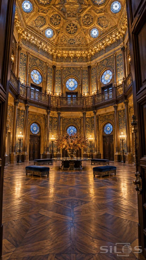 Tall octagonal hall with gold relief walls; blue circular windows; an upper balcony; patterned parquet and sapphire velvet benches.