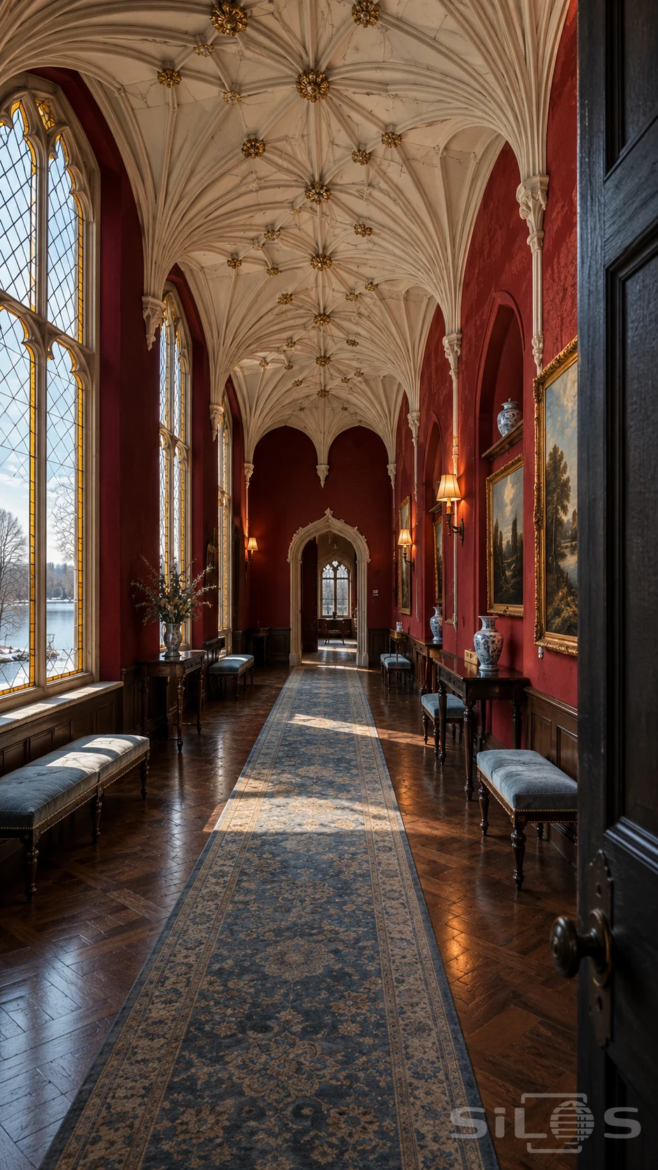 Long crimson gallery with an ivory fan vaulted ceiling, gold details, blue carpet, porcelain vases and tall lake-facing windows.