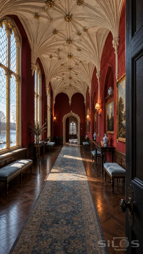 Long crimson gallery with an ivory fan vaulted ceiling; gold details; blue carpet; porcelain vases and tall lake-facing windows.