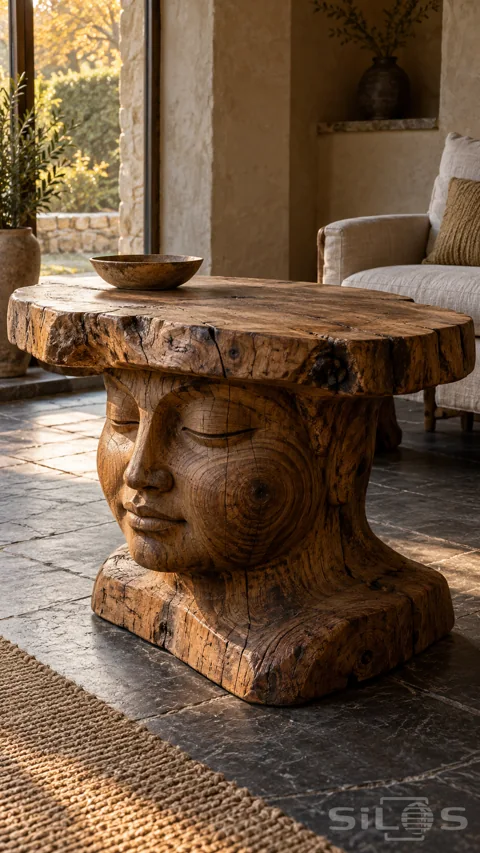 Heavy wooden table with a stylized closed-eyed face carved into its pedestal beside a linen armchair in warm window light