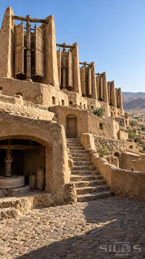 A row of tall vertical wooden windmill rotors stands between ochre earthen walls above stepped village rooms and an open stone mill.