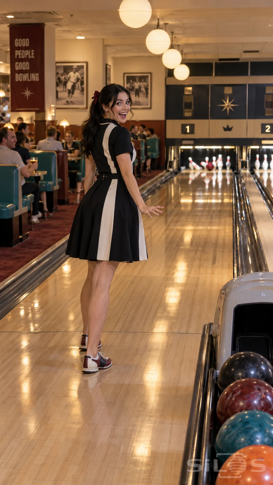A woman in a black-and-white bowling dress and two-tone shoes turns back smiling beside a polished lane as a red ball reaches the pins.