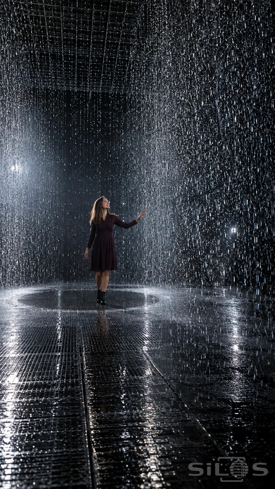 Indoor rain installation with a woman in a plum dress reaching toward illuminated droplets from a dry circular opening.