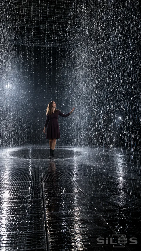 Indoor rain installation with a woman in a plum dress reaching toward illuminated droplets from a dry circular opening.