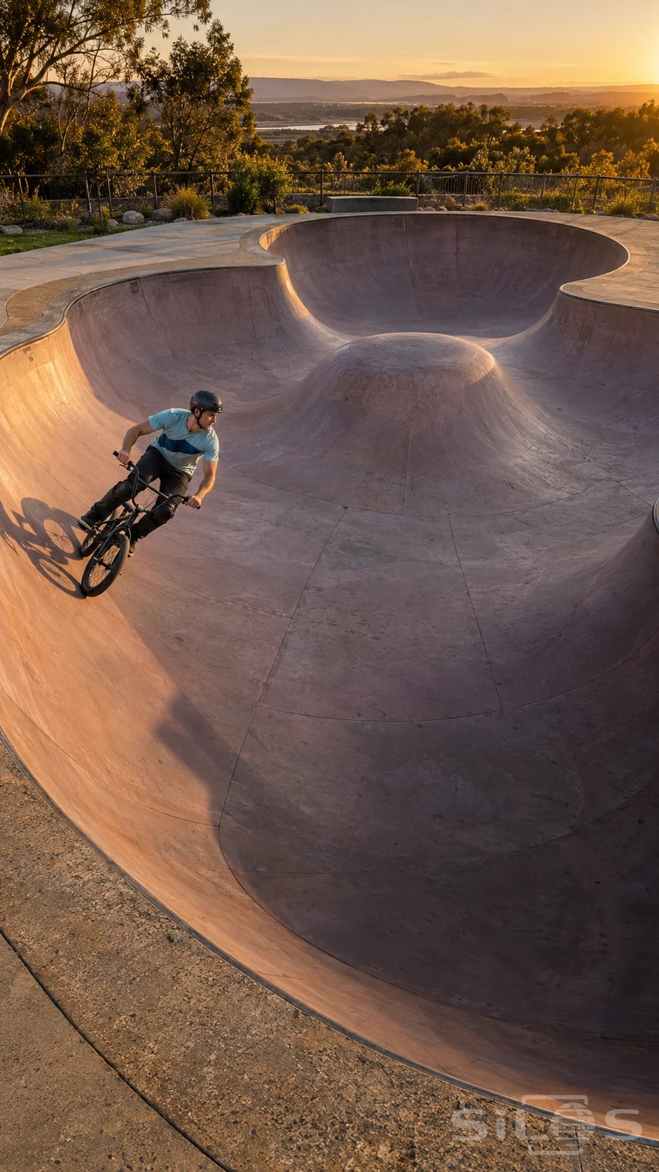 BMX bowl in mauve concrete with a helmeted adult rider, a long bicycle shadow and distant hills at sunset.
