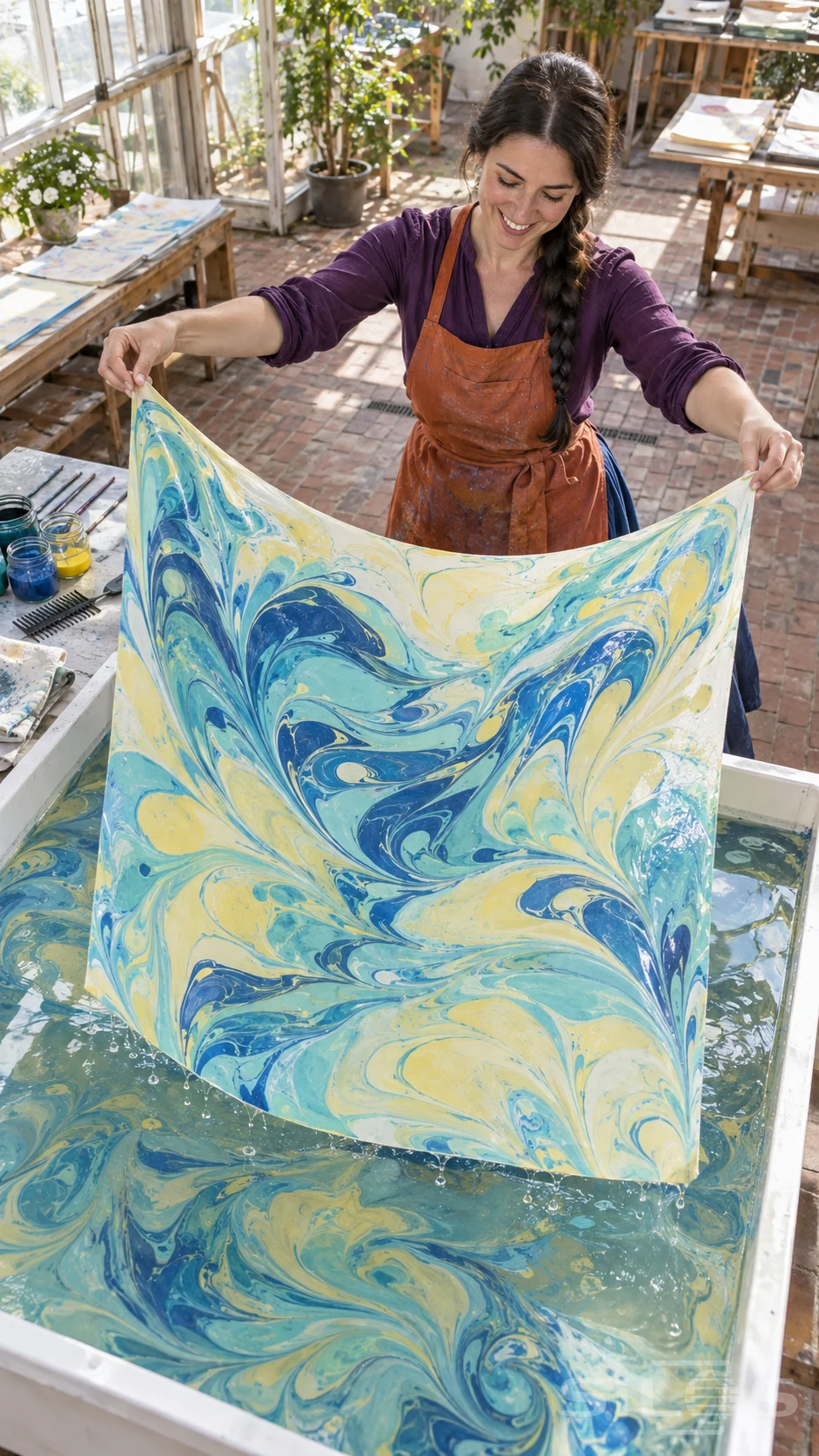 A woman lifts turquoise marbled paper from a white tray, holding its upper corners above a bath of blue and yellow swirls.