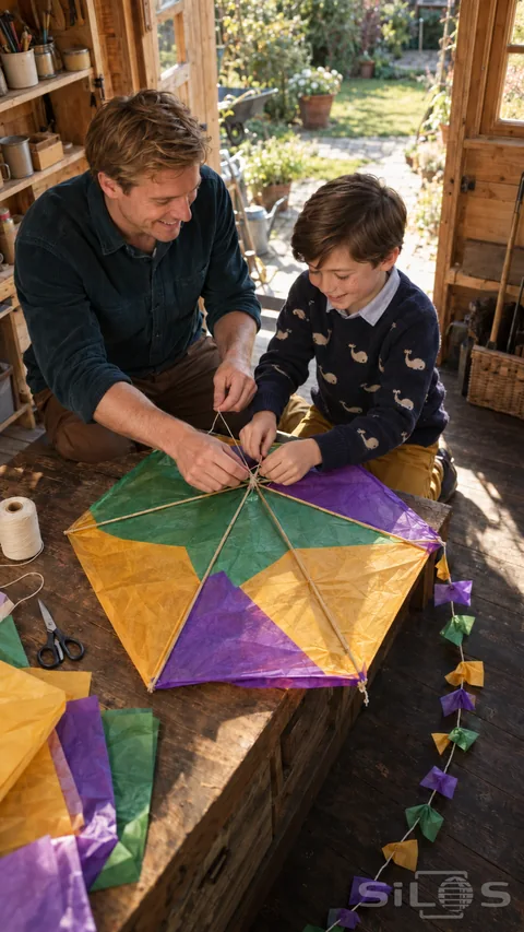 Father and son tie crossed bamboo spars on a green; gold and violet paper kite inside a sunlit wooden shed.
