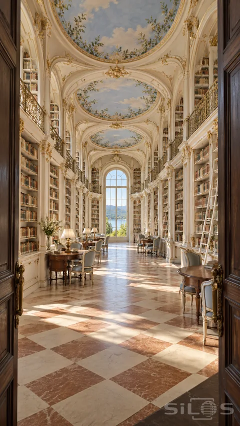 Long ivory library with gold details; sky-painted ceiling domes; upper galleries; white ladders and a cream and rose checked floor.
