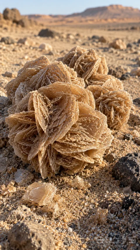 Desert rose crystals form several tan rosettes of thin intersecting plates on sandy ground; with loose pieces and dark pebbles.