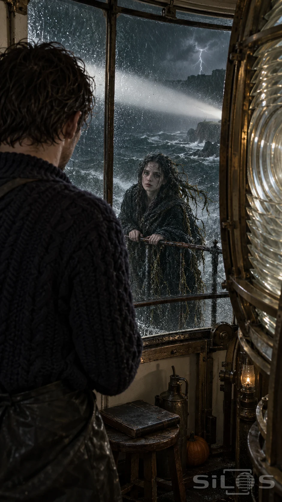 A keeper looks through rain-covered lighthouse glass at a pale woman gripping the gallery rail beside the stormy sea.