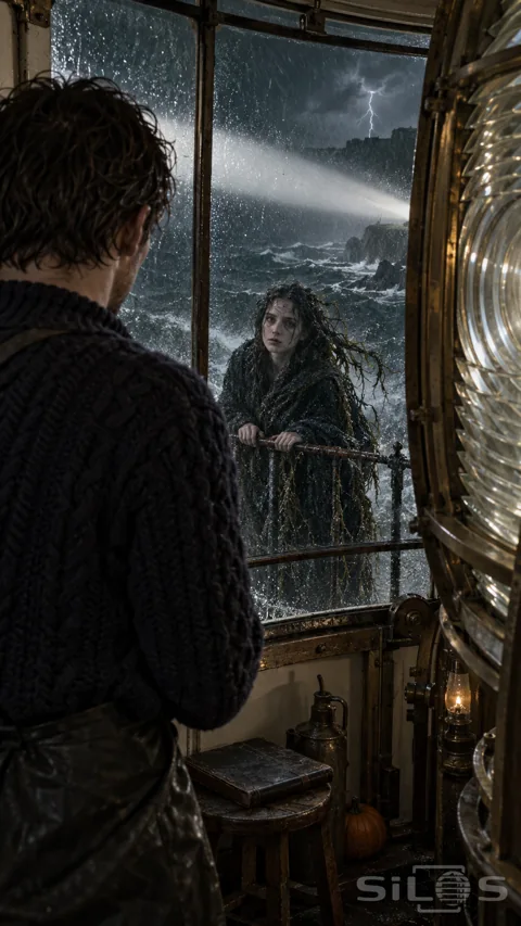 A keeper looks through rain-covered lighthouse glass at a pale woman gripping the gallery rail beside the stormy sea.