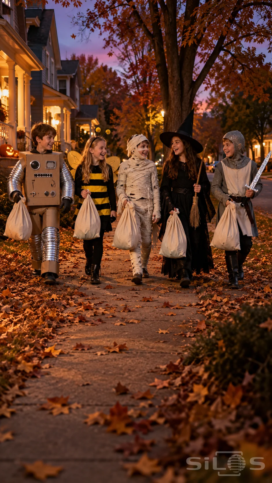 Five children in robot, bee, mummy, witch and knight costumes walk with cloth candy bags at dusk.