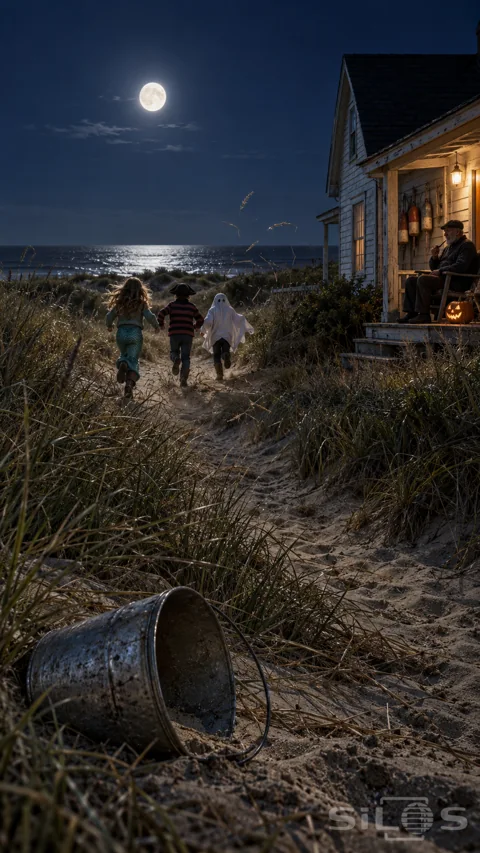 A tin pail lies in dune grass as three fully dressed children run toward the moonlit sea and a fisherman watches from a cottage porch.