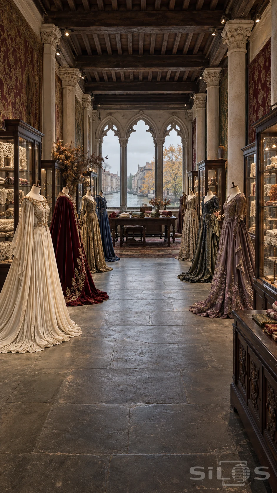 Historic textile gallery with richly coloured gowns on dress forms, carved stone columns, timber beams and tall canal-facing windows.