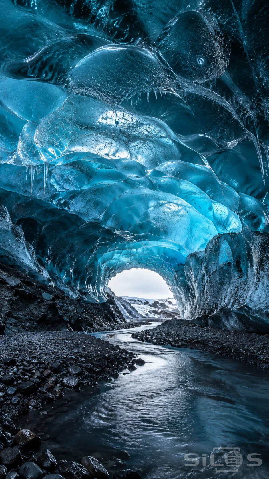 A blue ice cavern with a scalloped roof curves above a dark meltwater stream and volcanic gravel toward a bright distant opening.