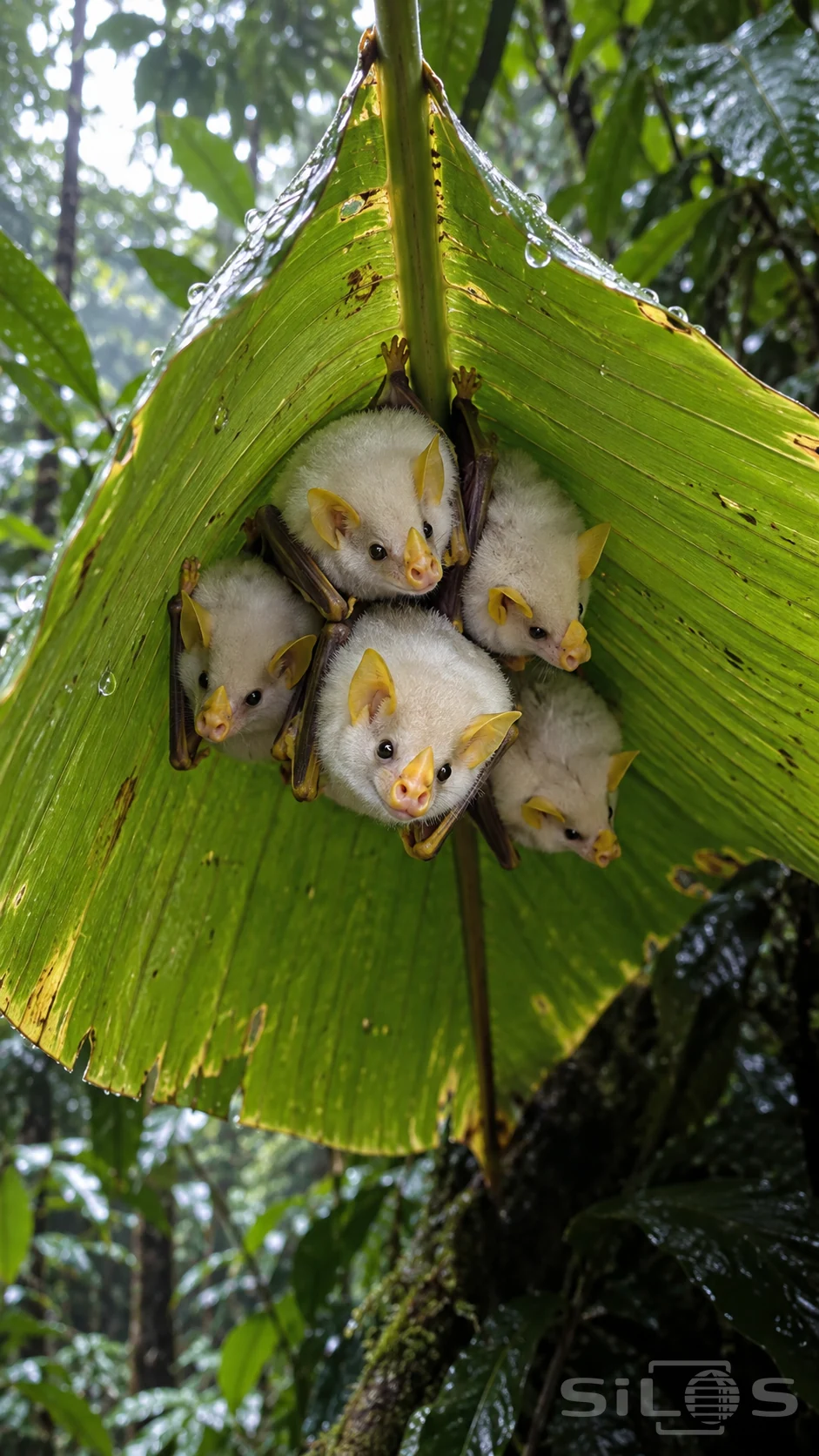 Small white bats with yellow ears and noses cluster beneath a folded green leaf, surrounded by wet foliage.