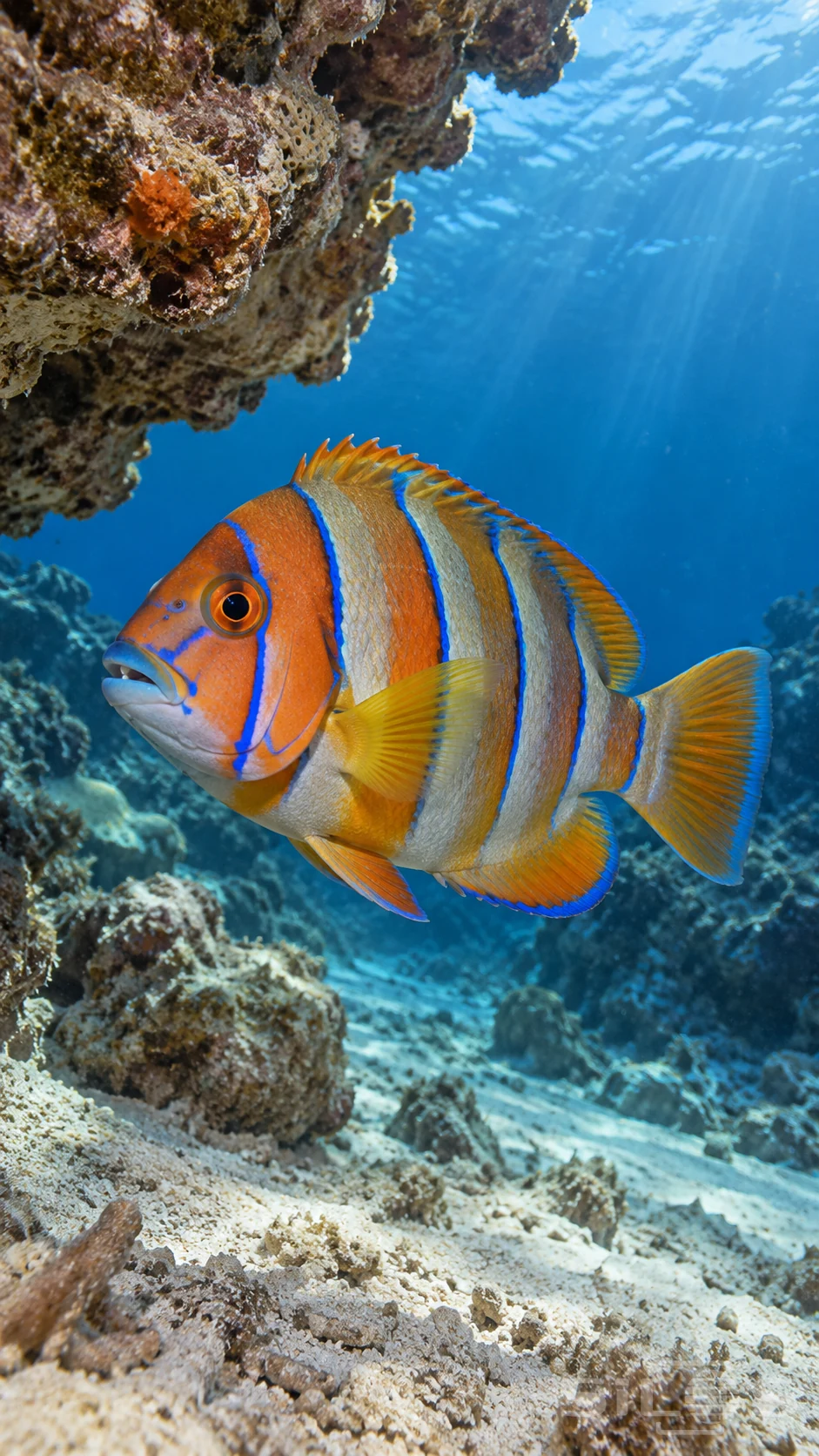A harlequin tuskfish swims beneath a reef ledge with orange bands and blue-edged fins above pale coral sand.