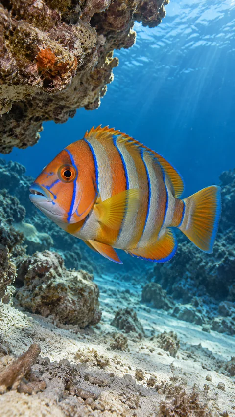 A harlequin tuskfish swims beneath a reef ledge with orange bands and blue-edged fins above pale coral sand.