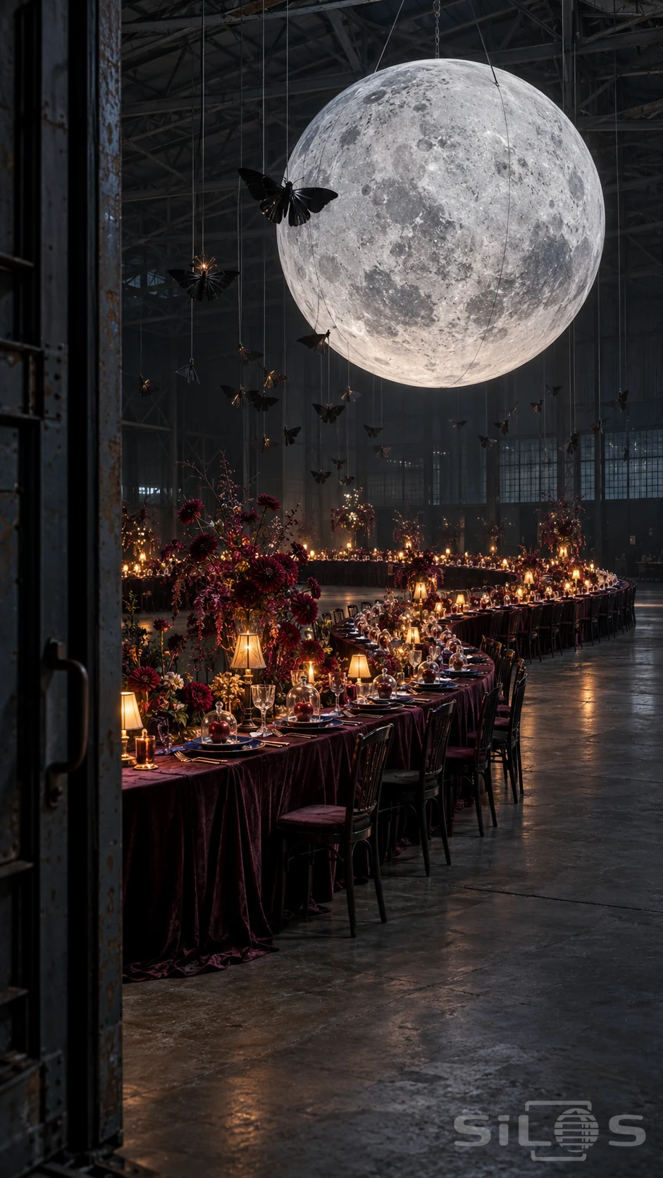 A giant moon hangs above a winding plum-covered banquet table with flowers and small lights inside a tall hangar.
