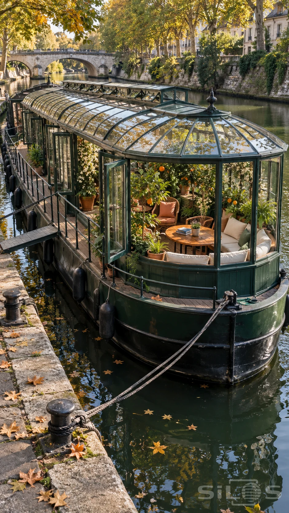 A green canal barge carries a vaulted glass conservatory with citrus trees, open side windows and cream seating around a table in the bow.