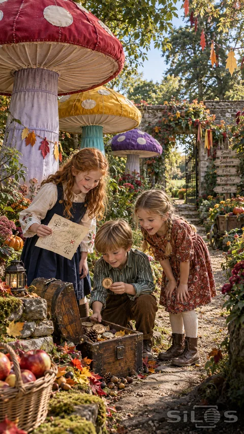 Three children discover a garden treasure chest during a mushroom treasure hunt beneath huge red; yellow and purple fabric toadstools.